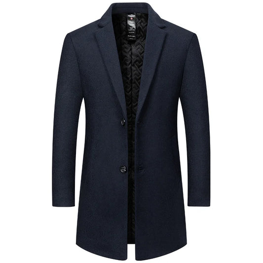 BROWON Brand 2026 Winter Elegant Woolen Coat Man Thicken Navy Color Smart Casual Outdoor Long Overcoat for Men Wollmantel