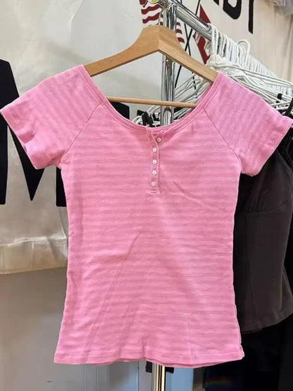 Pink Striped Slim Buttons T-shirts Women New Cotton O-neck Casual Simple Basic Short Sleeve Tees Sweet Cute Girls Tshirt Y2K Top