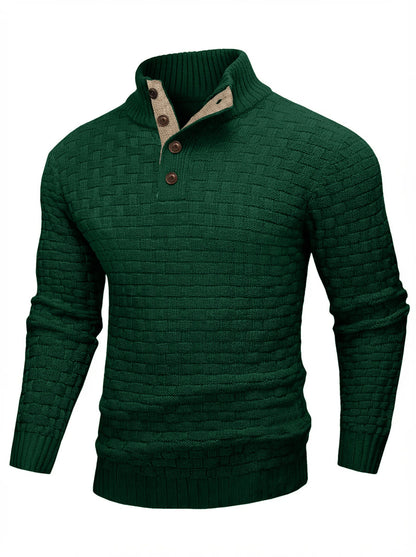 Men's Winter Warm Knit Sweater Button Turtleneck Woven Texture Slim Fit Casual Top