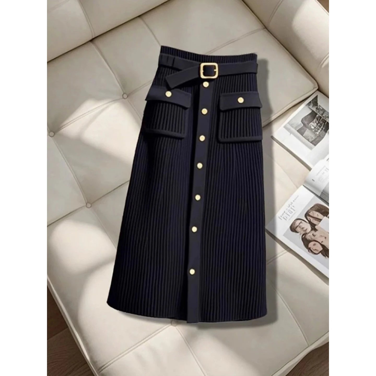 Elegant Autumn Winter Knitted Sweater Long Sleeve Women's Skirt Set High Waist Loose Fit Fashionable Two-Piece Ensemble