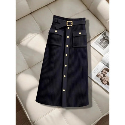 Elegant Autumn Winter Knitted Sweater Long Sleeve Women's Skirt Set High Waist Loose Fit Fashionable Two-Piece Ensemble