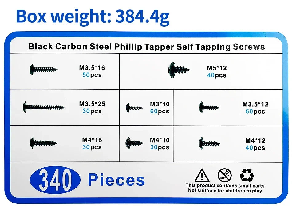 340PCS Assorted Screw Kit Black Carbon Steel Phillips Tapper Screws Set for DIY Furniture Wood Working Repair Fasteners Tool