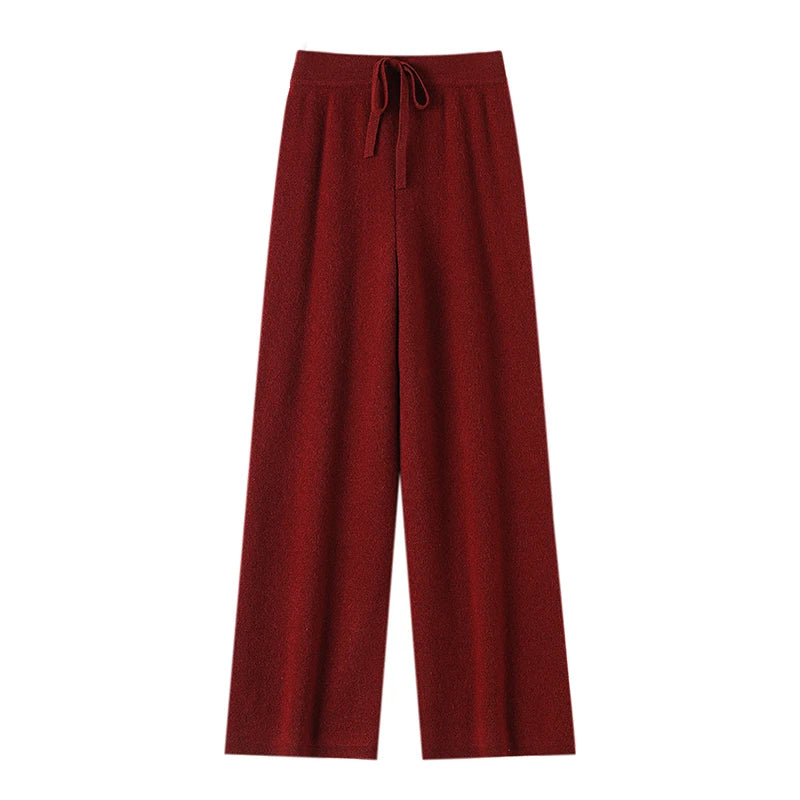 Chic Wide-Leg Pants Women's Autumn Winter Solid Color 100% Merino Wool Knitted Casual Loose Soft Thick Warm Popular Trousers