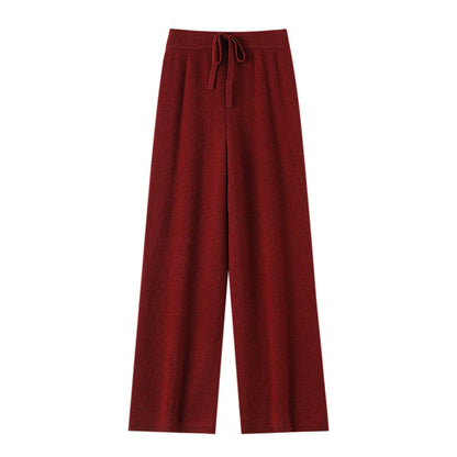 Chic Wide-Leg Pants Women's Autumn Winter Solid Color 100% Merino Wool Knitted Casual Loose Soft Thick Warm Popular Trousers