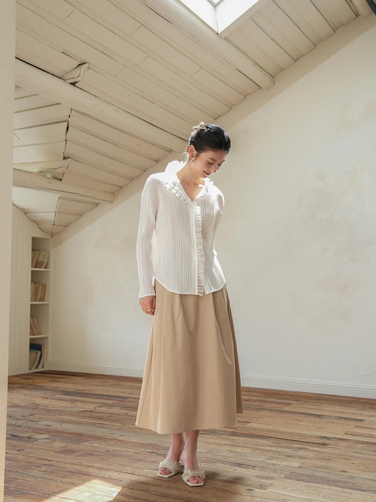 Pleated Women's Solid Shirt High Stretch Standing Lapel Single Breasted Cardigan 2025 Autumn New Long Sleeve Mullet Lace Shirt