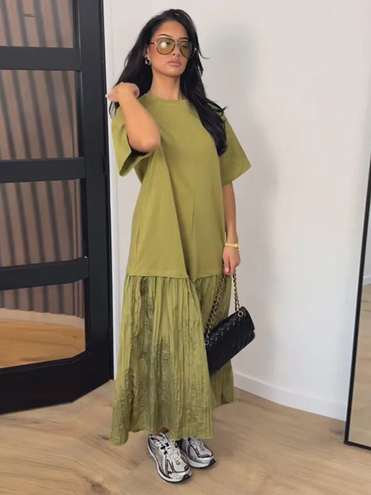 Fashion Women Patchwork Dress Chic Short Sleeve Round Neck Solid Ruffles Female Dress Casual Lady Streetwear Commute Summer 2026