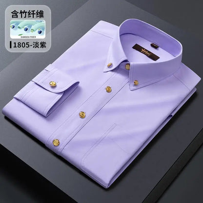 2026 Spring/Autumn New Men's Luxury Brass Button Long Sleeve Business Casual Shirt Ironing Resistant Office Work Shirts as Gift