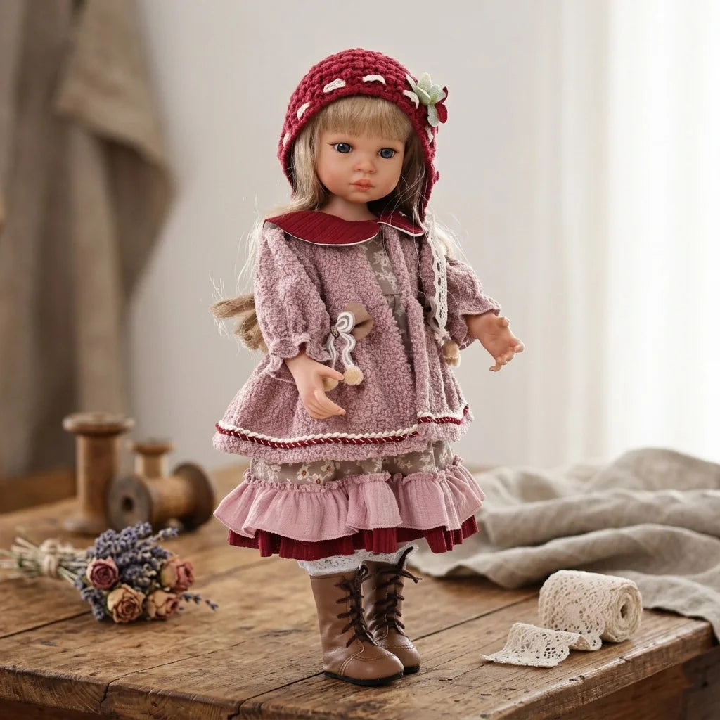 Cloveray 18inch Movable Joint Vinyl Fashion Doll Vintage Knit Hat Girl Collectible Birthday Christmas Gift Toy