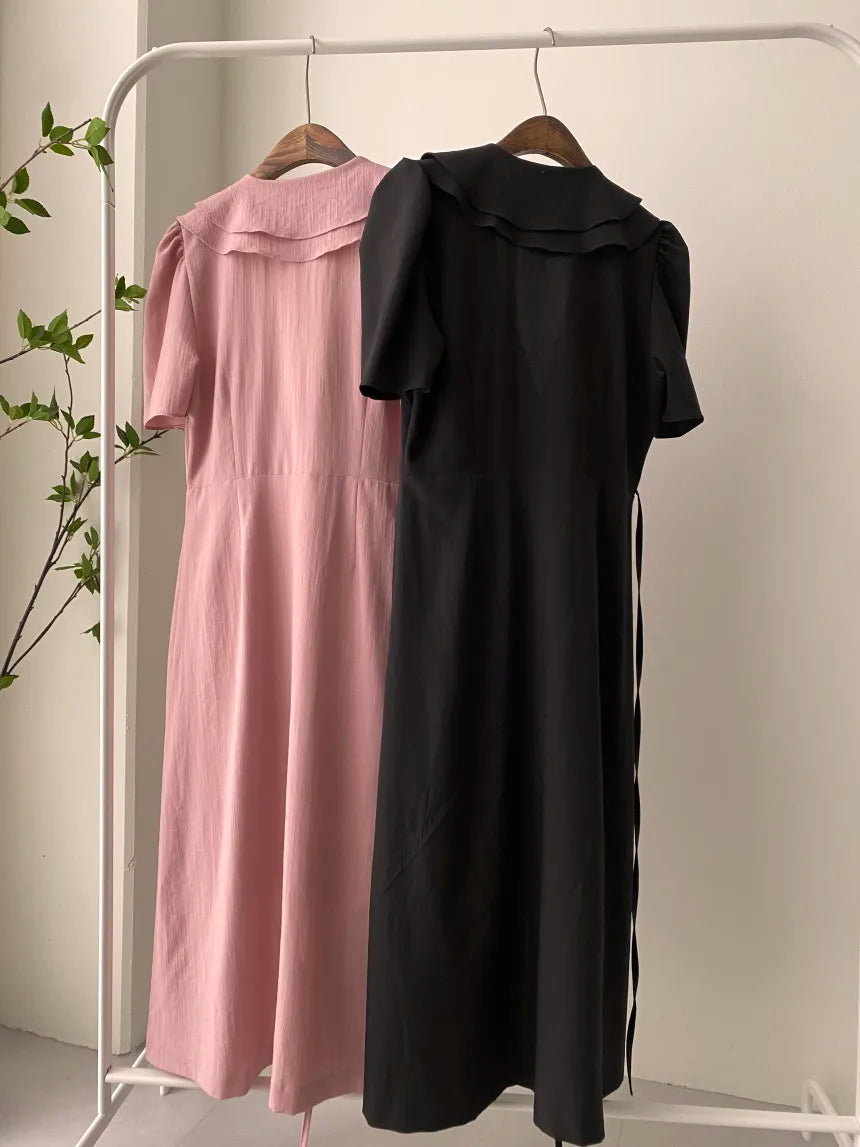 Retro Double Layered Collar Bubble Sleeve  Dress Elegant Short Sleeve V Neck Summer Casual Women's Dress