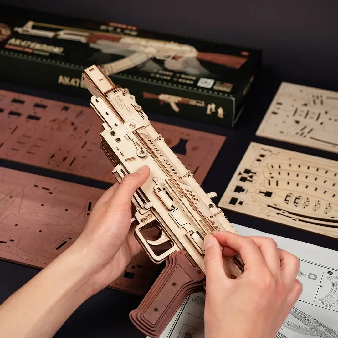 Robotime 3D Wooden Puzzle Toy Rifle Model Kits with Rubber Bands for Adults to Build Unique Gifts for Kids and Adults AK-47