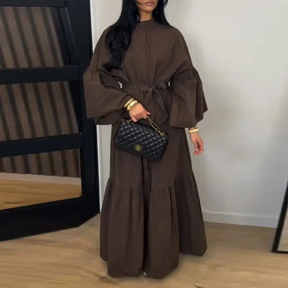 Casual Women Dress Belt Cinched Waist Long Sleeve High Collar Solid Single Breasted Female Dress Chic Lady Commute Summer 2026
