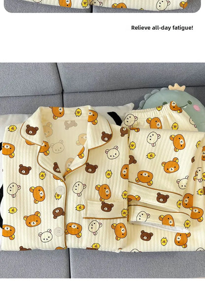 Thickened Air Cotton Sleepwear Set for Women Lazy Bear Cartoon Design Long Sleeve Long Pants Home Clothes Autumn Winter