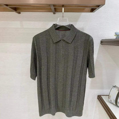 BC Yarn Linen Cotton Blended Lapel Striped Knitted POLO Shirt