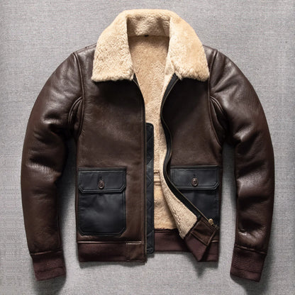 Vintage Wool Winter Thick Genuine Shearling Lamb Fur Men Warm Biker Genuine Leather Jacket Coat