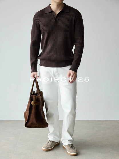 PROJECT 25 45s Wool Blend Seagull Collar Knitted Polo Men Old Money Business Casual Soft Warm Sweater Top Quality Hot Sale
