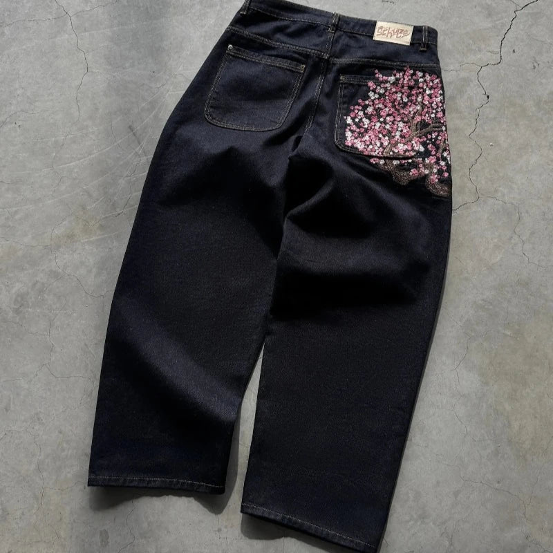 Y2K Baggy Jeans Cherry Blossom Embroidery Denim Pants Men Women American Hiphop Streetwear Wide Leg Denim Trousers