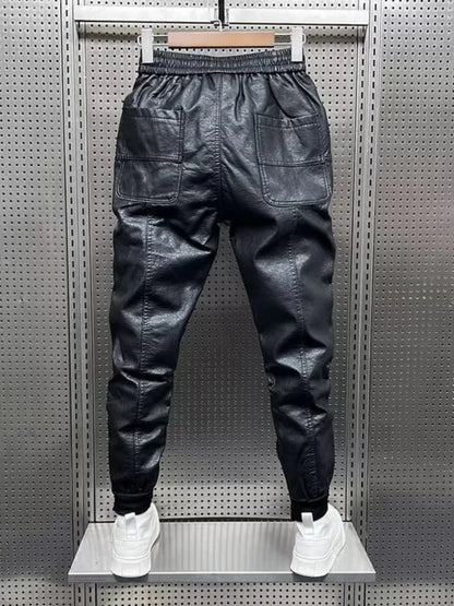 Men's Fleece Lined Windproof Biker Leather Pants Thickened Casual Loose Fit Long Trousers Autumn Winter Fashion Trendy