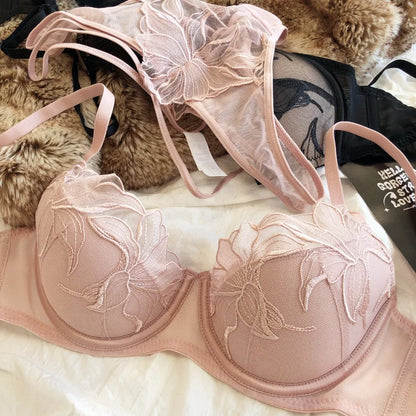 2 Pcs Sexy Lace Flowers Embroidery Underwear Set for Women Thin Cup Push Up Bra French Hollow Waist Bandage Thongs Lingerie Set