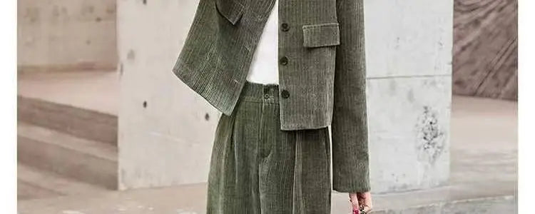 Fashionable Corduroy Set Women's Autumn Winter New Style Elegant Lady Fragrance Wind Coat Wide Leg Pants Two Piece Suit