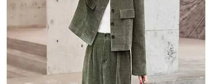 Fashionable Corduroy Set Women's Autumn Winter New Style Elegant Lady Fragrance Wind Coat Wide Leg Pants Two Piece Suit
