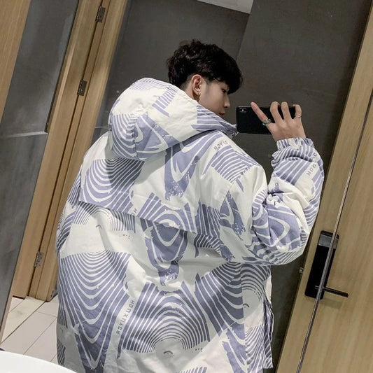 Trending on Instagram Winter Parka for Men Korean Loose Fit Cotton Coat with Traditional Chinese Blue White Print