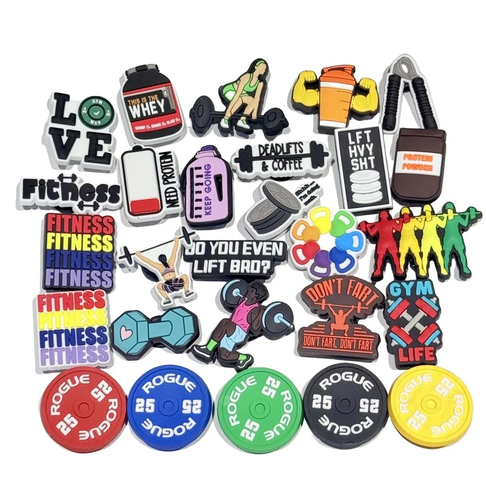 27Pcs Fitness Gym Life Dumbbell Kettlebell Protein Lifts Coffee PVC Shoes Charms Clogs Pins Decoration Kids Woman Party Gift
