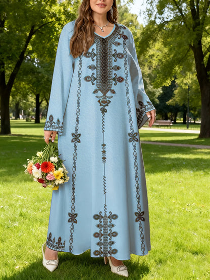 Middle Eastern Elegant Robe, New Spring and Autumn Style, Plus-Size Fashion Women's Clothing, Ethnic Print, Stylish, Loose and Comfortable, Holiday Style Long-Sleeve Dress