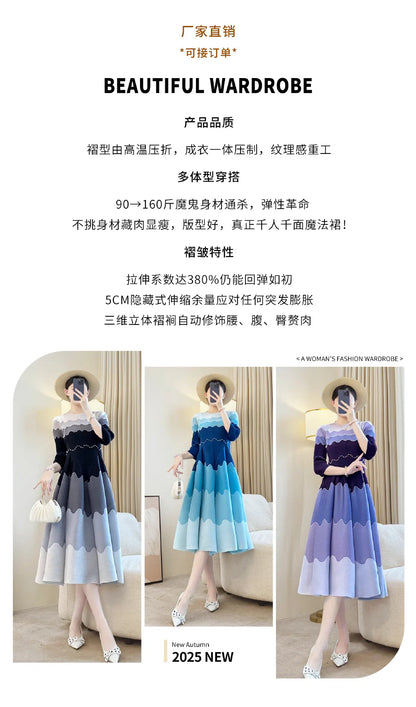 High-end Miyake Style Pleated Dress 2025 Autumn New Slim Flower Bud French Tea Break Skirt Fashionable Gradient Long Skirt Women