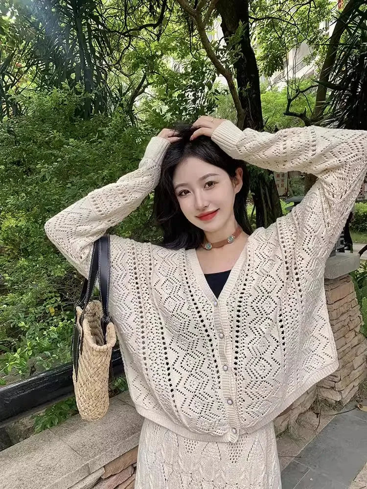 Kumikumi Lazy Style Hollow out Knitted Cardigan Jacket Women's High Waist  Skirt Fashion Set Spring 2025 Acrylic Fabric