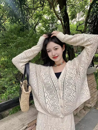 Kumikumi Lazy Style Hollow out Knitted Cardigan Jacket Women's High Waist  Skirt Fashion Set Spring 2025 Acrylic Fabric