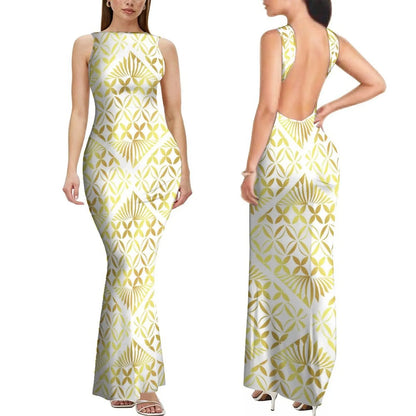 Dropshipping Custom Retro Style Design Elegant Ladies Club Dress Hawaiian Print Sleeveless Backless Dress New Zealand Prom Dress