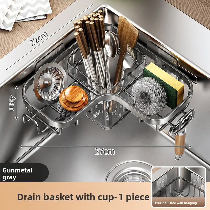 Kitchen Carbon Steel Sink Drain Rack No-Punching Wall Mounted Corner Dishcloth Storage Rack Waterproof Space Saving
