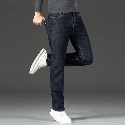 Men Autumn Winter Fleece Lined Thickened Jeans Male Warm Fashion Loose Straight Denim Pants High-Waisted Casual Trousers