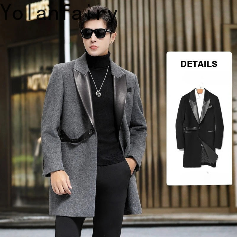 YOLANFAIRY Brand High Quality Sheepskin Spliced Wool Coat Man Jacket Autumn Winter Men's Mid-length Suit Collar Trench Coats