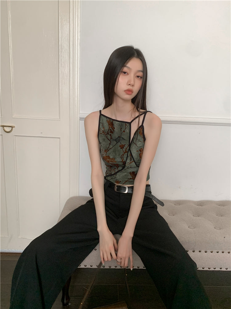 CHEERART Flocking Floral Vintage Crop Cami Top For Women Sleeveless Flower Green Tops Designer Clothes Luxury