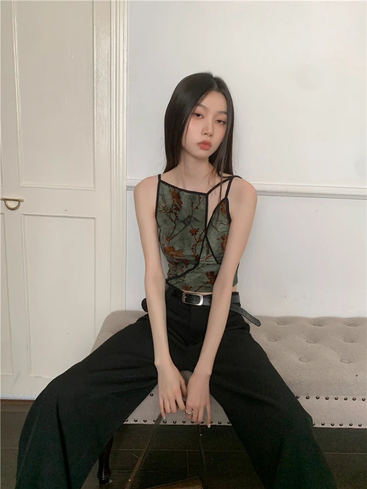 CHEERART Flocking Floral Vintage Crop Cami Top For Women Sleeveless Flower Green Tops Designer Clothes Luxury