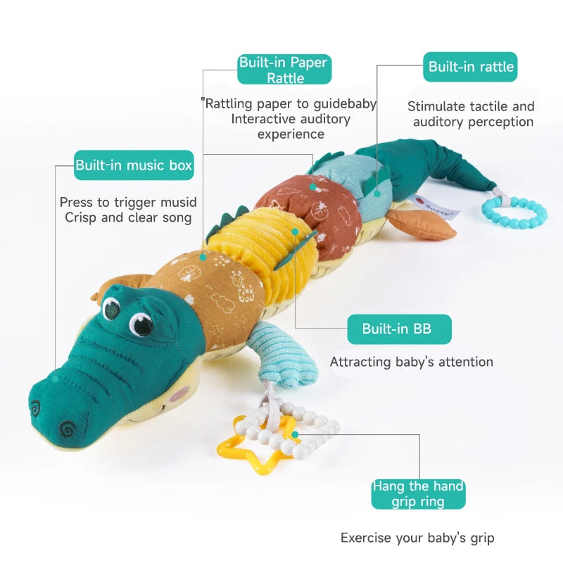 Plush Crocodile Baby Rattle Toy - Stuffed Soft Animal Sensory Infant Educational Interactive Activity Toy