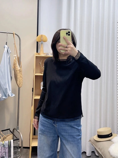 Spring New plus Size round Neck Mesh Splice Loose Long Sleeve Base Shirt Women Fat MM Slimming Belly Cover Simple T-shirt