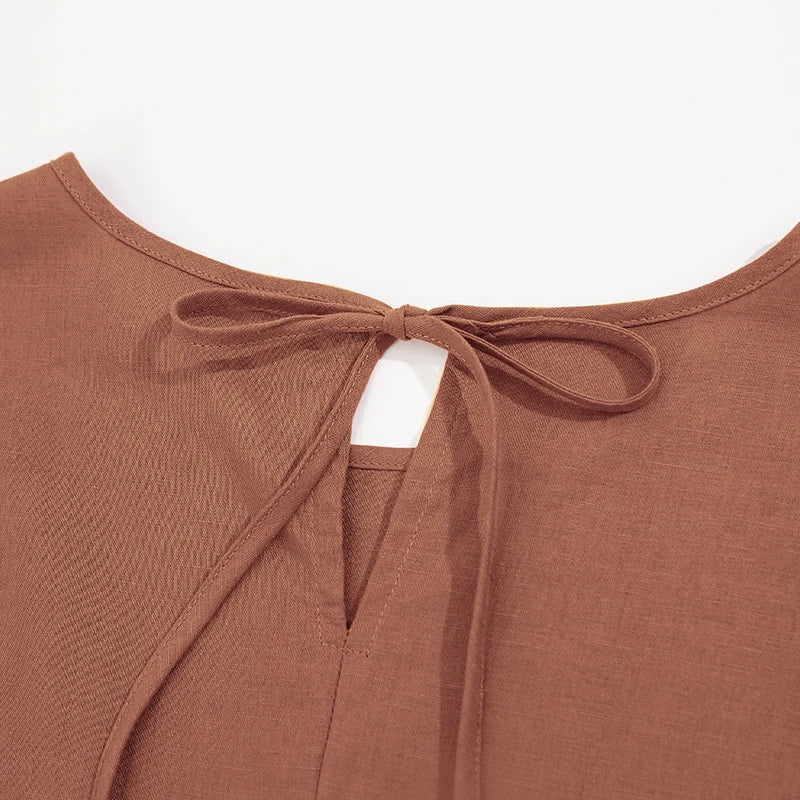 Summer Cotton Linen Women Dresses Vintage Short Sleeve Casual Loose Back Bandage Harajuku Party Club Dress With Pockets