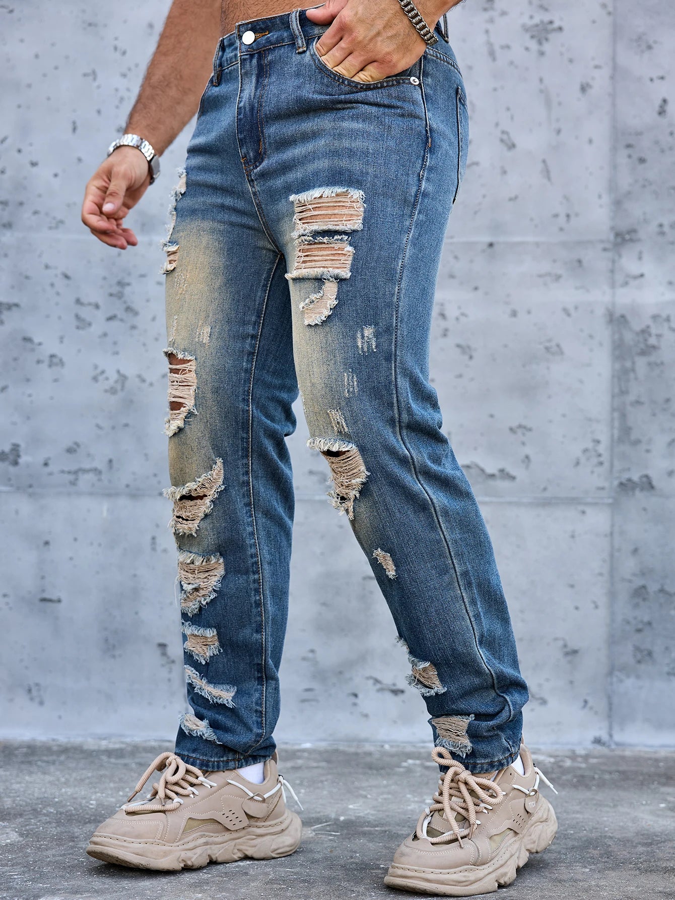 Men Denim Jeans Pants Clothing Trousers Men's Vintage Washed Ripped Straight Leg Denim Jeans
