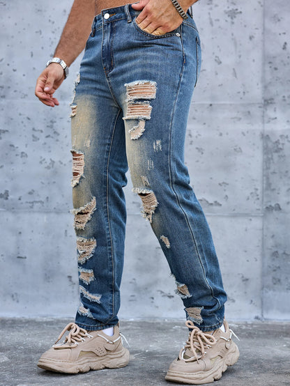 Men Denim Jeans Pants Clothing Trousers Men's Vintage Washed Ripped Straight Leg Denim Jeans