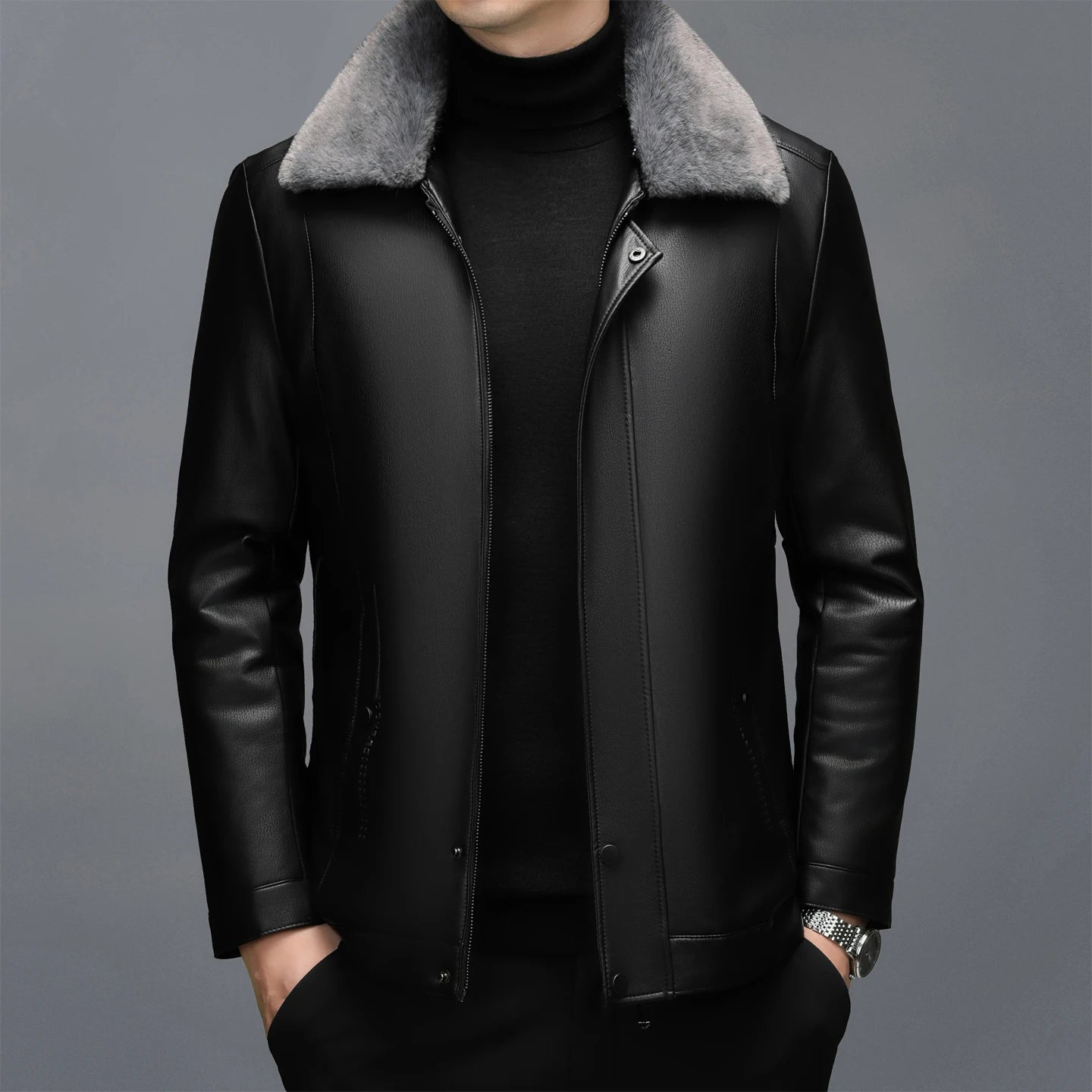 XYL-3303 Autumn/Winter Spring Men's Leather Collar Leather Coat With Detachable Wool Collar Short Casual Business Sheepskin