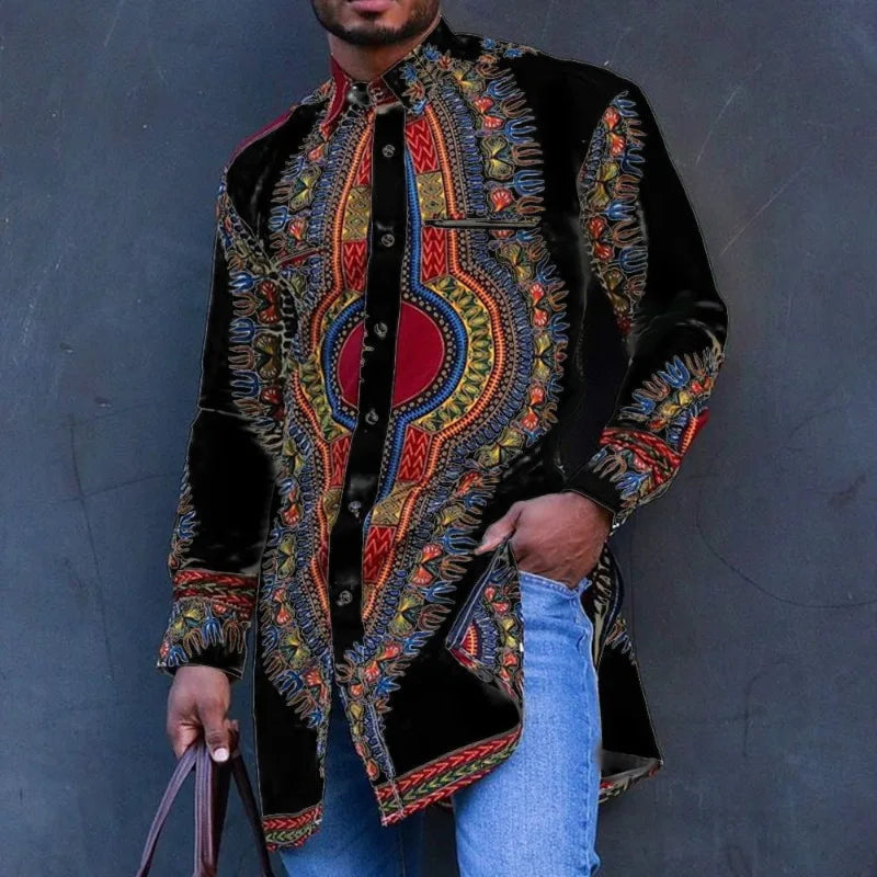 2026 Muslim Tops Men's Ethnic Style Long-sleeved Stand-up Collar Shirts Casual Slim Irregular Hem Blouses Male Morocco Dubai Top