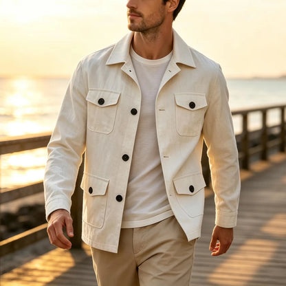 Men's Linen Blend Safari Jacket Retro British Style Multi-Pocket Workwear Coat Business Casual Suit Blazer for Spring Summer