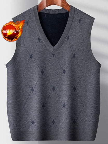 Middle Aged Men's Argyle Knitted Fleece Lined Vest Autumn Winter Thickened Korean Style Casual Waistcoat High Quality