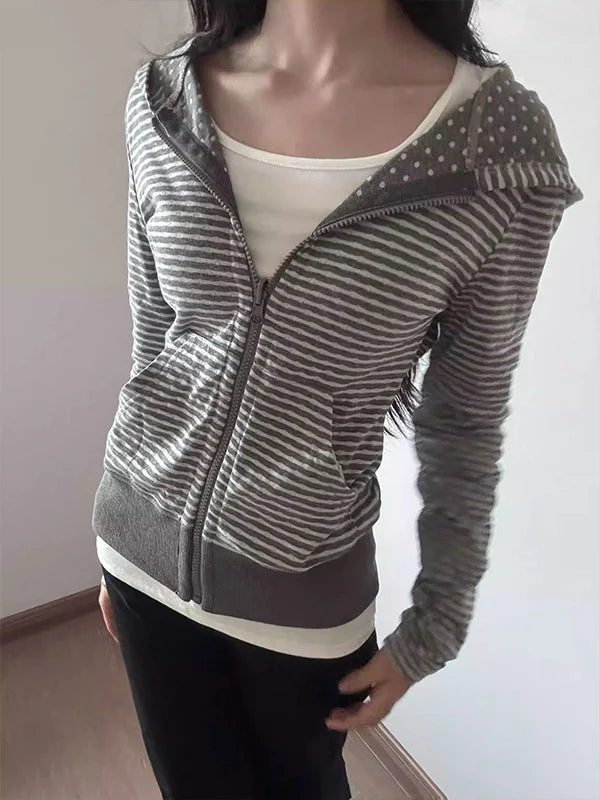 Slim Fit American Style Hooded Cardigan Sweatshirt Women's Short Thin Autumn New Fashion Versatile Open Cardigan Striped Spot...
