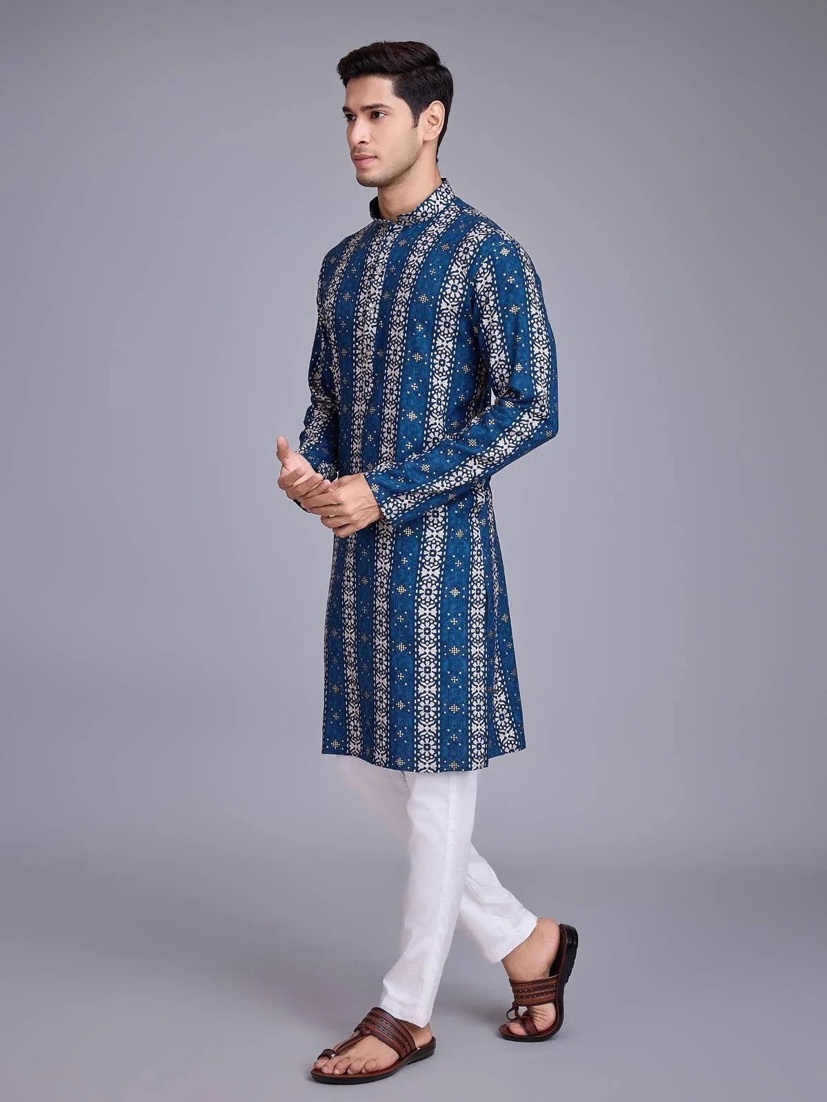 Luxury Islamic Arabic Abaya Robe National Style Ethnic Print Stand Collar Youth Mid-length Ropa Arabe Hombre Kurta For Men