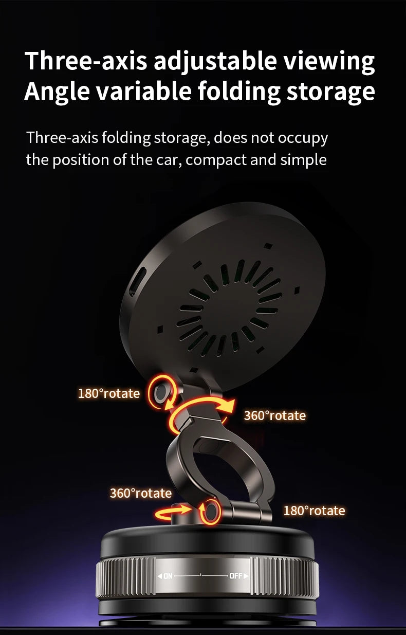 Folding 15W wireless charging car phone holder vacuum suction 360 ° rotating magnetic support bracket