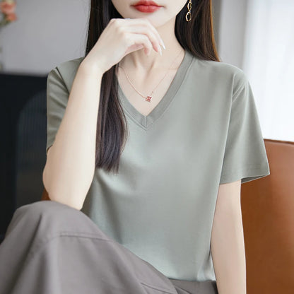 2026 Summer New Pure Cotton V-neck Short-sleeved T-shirt Women's Solid Color Joker Pullover Shirt with Loose Sleeve Bottom Shirt