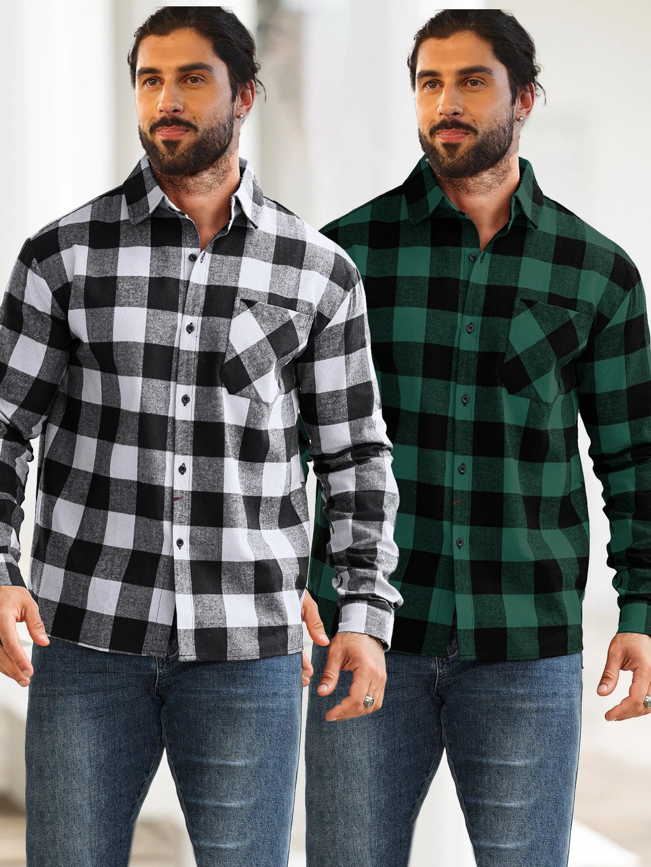 2-Piece Men's Multi-Pattern Plaid Shirt with Color Block Design, Single-Breasted with Pockets, Suitable for Layering or Wearing